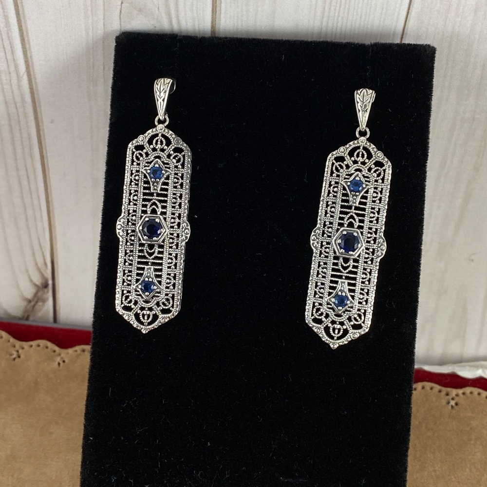 Hand Made Natural Blue Sapphire 925 Silver Filigree Retro Art Nouveau Earrings